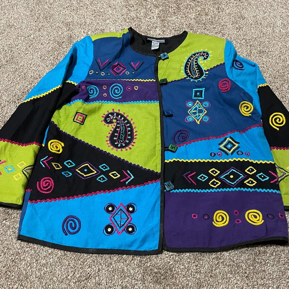 Indigo Moon Colorful Embroidered Jacket Cotton Blend Quirky Funky Art to Wear